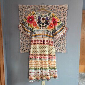 FARM Rio Cream Midi Dress with Bright Floral Embroidery